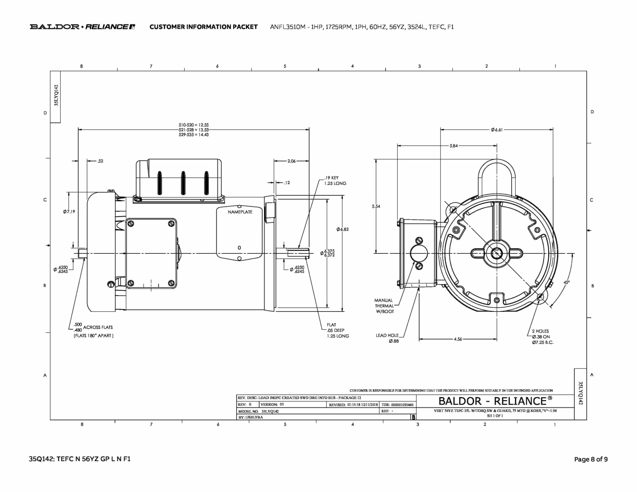 Baldor 1 HP, 1725 RPM, 1 Phase, 60 Hz, 56YZ, 3524L, TEFC, F1 - ANFL3510M - Image 11