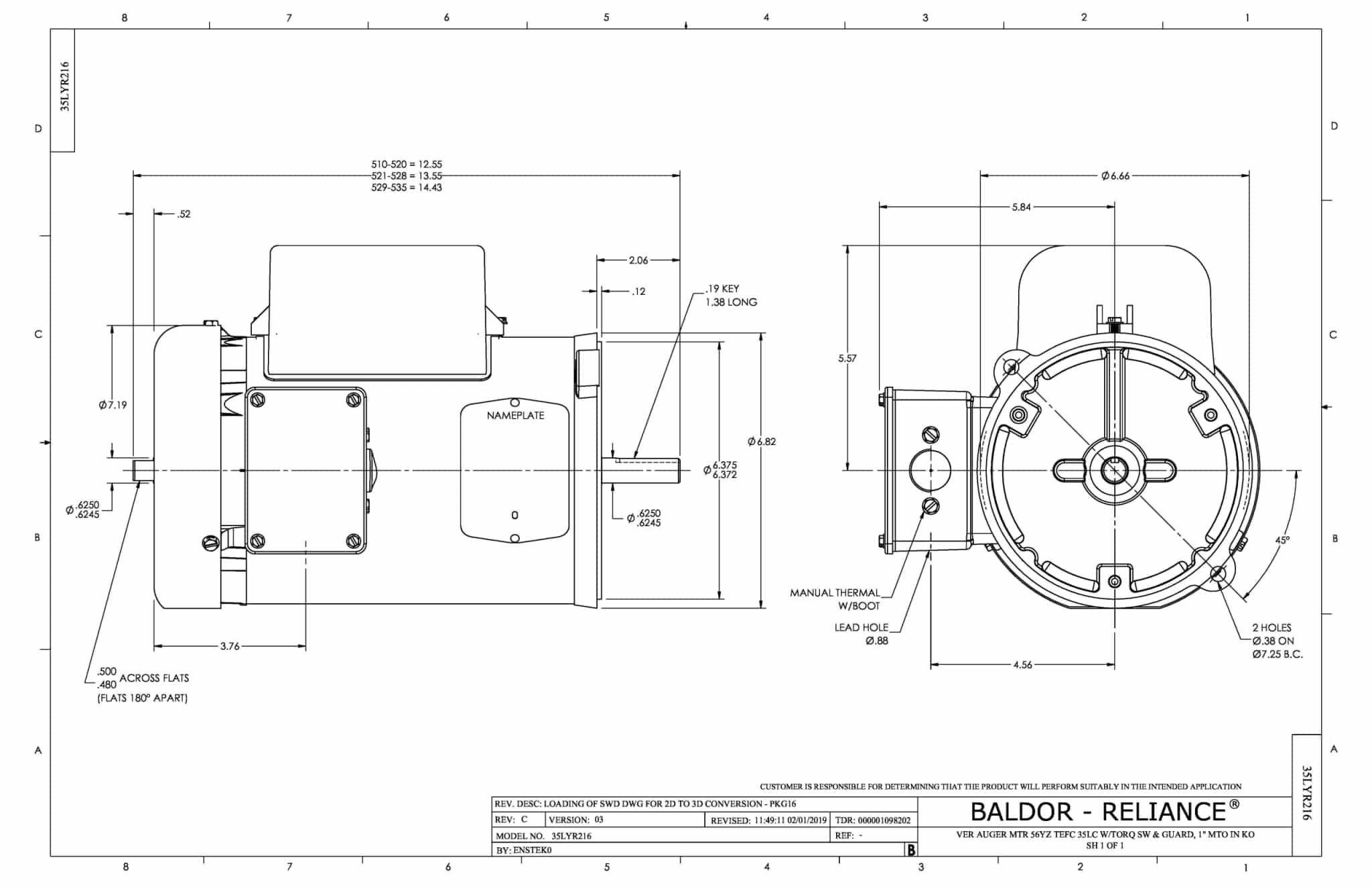 Baldor 1.5 HP, 1725 RPM, 1 Phase, 60 Hz, 56YZ, 3532LC, TEFC - ANFL3514M - Image 2