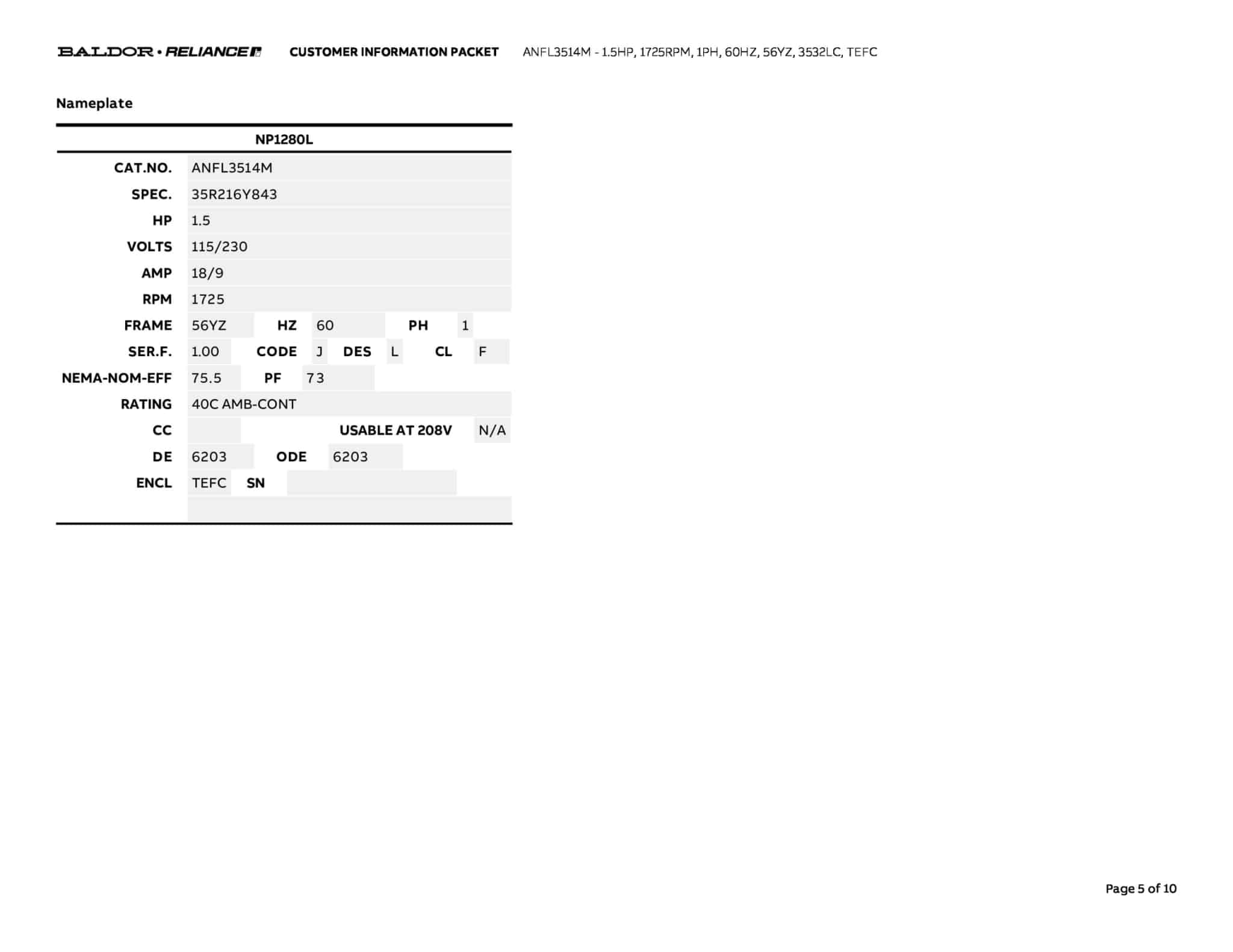 Baldor 1.5 HP, 1725 RPM, 1 Phase, 60 Hz, 56YZ, 3532LC, TEFC - ANFL3514M - Image 8