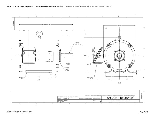 Baldor 5 HP, 870 RPM, 3 Phase, 60 Hz, 254T, 3936M, TEAO, F1 - AOM25904T - Image 10