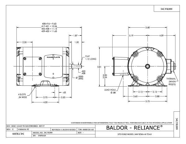 Baldor .25 HP, 1735 RPM, 3 Phase, 60 Hz, 48, 3410M, TEAO, F1 - AOM3454 - Image 2