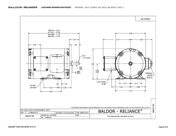 Baldor .33 HP, 1725 RPM, 3 Phase, 60 Hz, 48, 3410M, TEAO, F1 - AOM3458 - Image 11