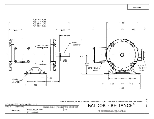 Baldor .75 HP, 1725 RPM, 3 Phase, 60 Hz, 56, 3416M, TEAO, F1 - AOM3542 - Image 2