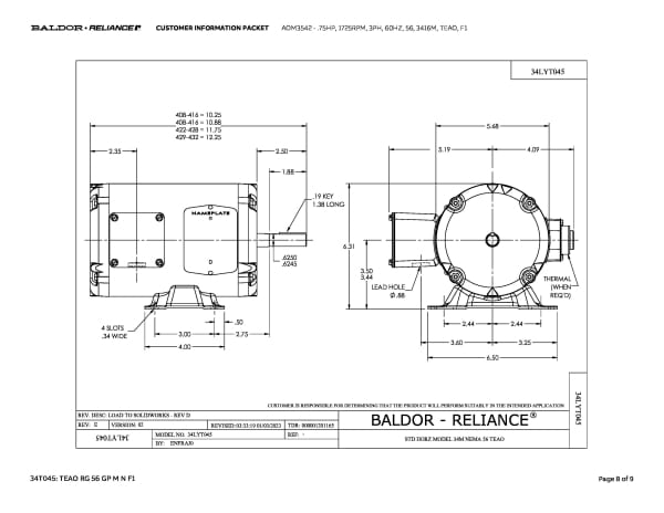 Baldor .75 HP, 1725 RPM, 3 Phase, 60 Hz, 56, 3416M, TEAO, F1 - AOM3542 - Image 11
