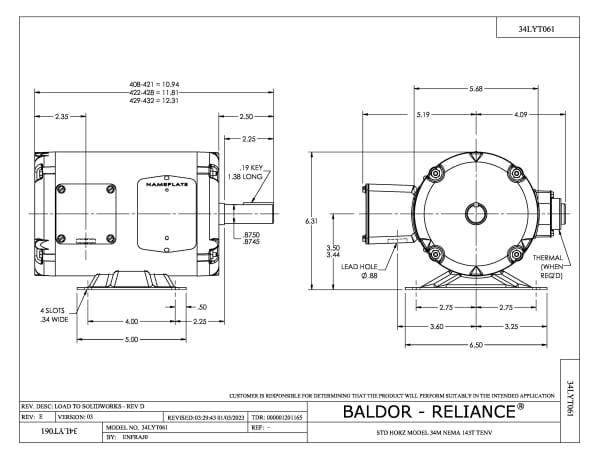 Baldor 1 HP, 1725 RPM, 3 Phase, 60 Hz, 143T, 3428M, TEAO, F1 - AOM3546T - Image 2