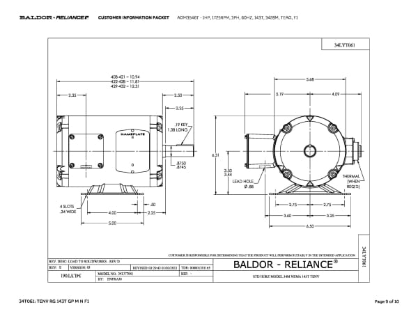 Baldor 1 HP, 1725 RPM, 3 Phase, 60 Hz, 143T, 3428M, TEAO, F1 - AOM3546T - Image 12