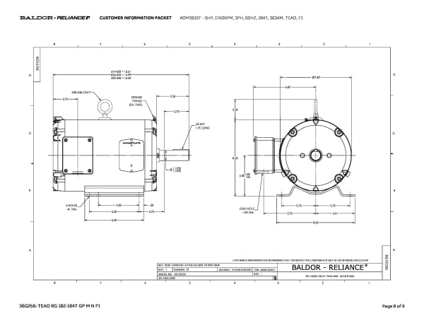 Baldor 5 HP, 1745 RPM, 3 Phase, 60 Hz, 184T, 3634M, TEAO, F1 - AOM3615T - Image 11