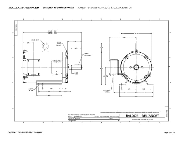 Baldor 1 HP, 860 RPM, 3 Phase, 60 Hz, 182T, 3622M, TEAO, F1, N - AOM3617T - Image 12