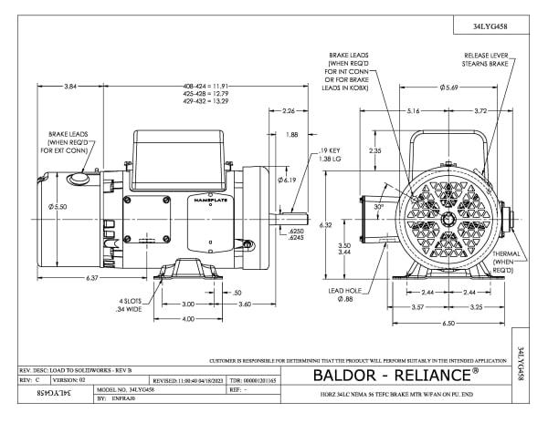 Baldor .75 HP, 1725 RPM, 1 Phase, 60 Hz, 56, BRAKE, 3428LC - BL3507 - Image 2