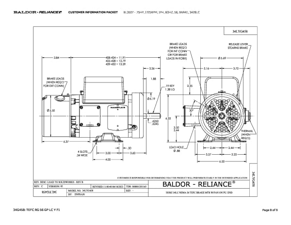 Baldor .75 HP, 1725 RPM, 1 Phase, 60 Hz, 56, BRAKE, 3428LC - BL3507 - Image 11