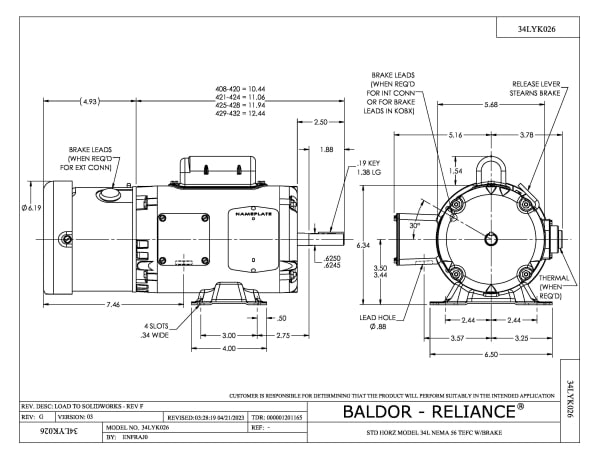 Baldor .5 HP, 1725 RPM, 1 Phase, 60 Hz, 56, BRAKE, 3421L - BL3518 - Image 2