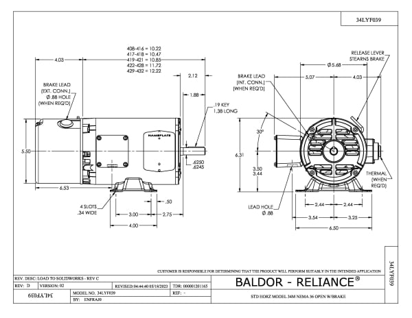 Baldor .75 HP, 1725 RPM, 3 Phase, 60 Hz, 56, 3420M, OPEN, F1 - BM3112 - Image 2