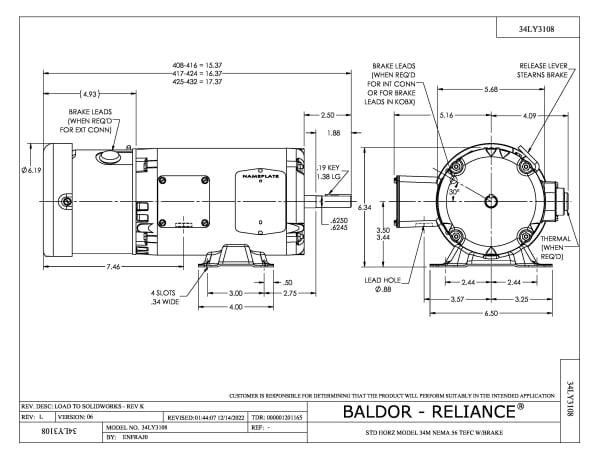 Baldor .75 HP, 1725 RPM, 3 Phase, 60 Hz, 56, 3420M, TEFC, F1 - BM3542 - Image 2