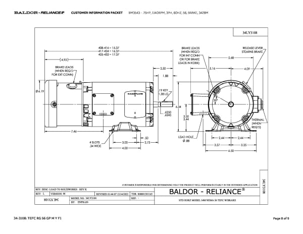 Baldor .75 HP, 1140 RPM, 3 Phase, 60 Hz, 56, BRAKE, 3428M - BM3543 - Image 11