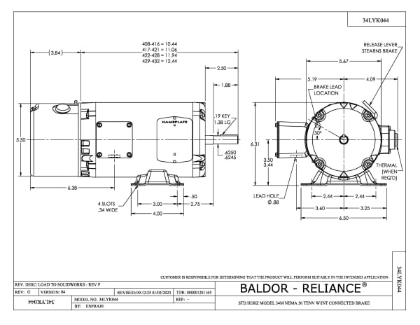 Baldor .33 HP, 1725 RPM, 3 Phase, 60 Hz, 56, BRAKE, 3416M - BM3569 - Image 2