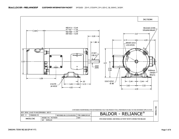 Baldor .33 HP, 1725 RPM, 3 Phase, 60 Hz, 56, BRAKE, 3416M - BM3569 - Image 10