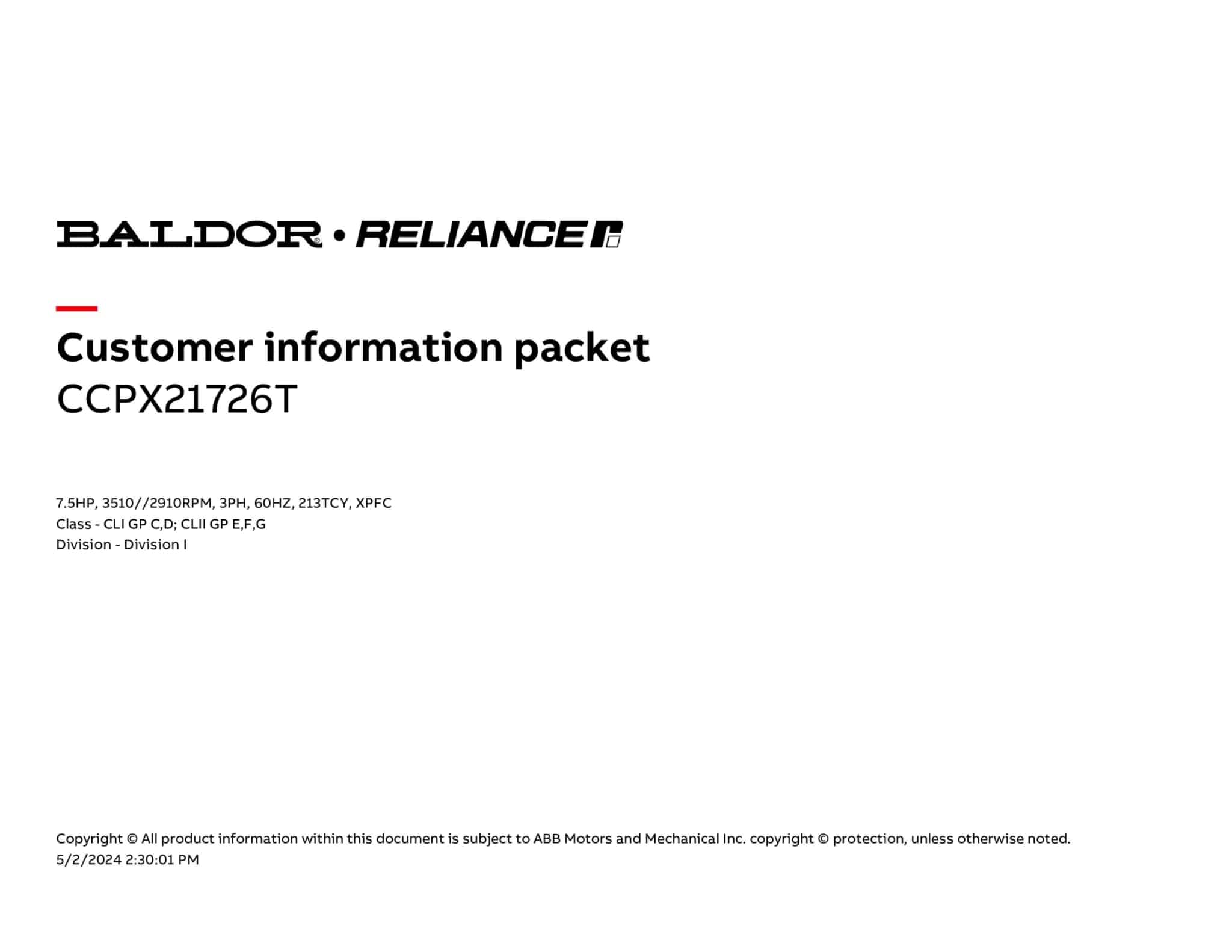 Baldor 7.5 HP, 3510//2910 RPM, 3 Phase, 60 Hz, 213TCY, XPFC - CCPX21726T - Image 4