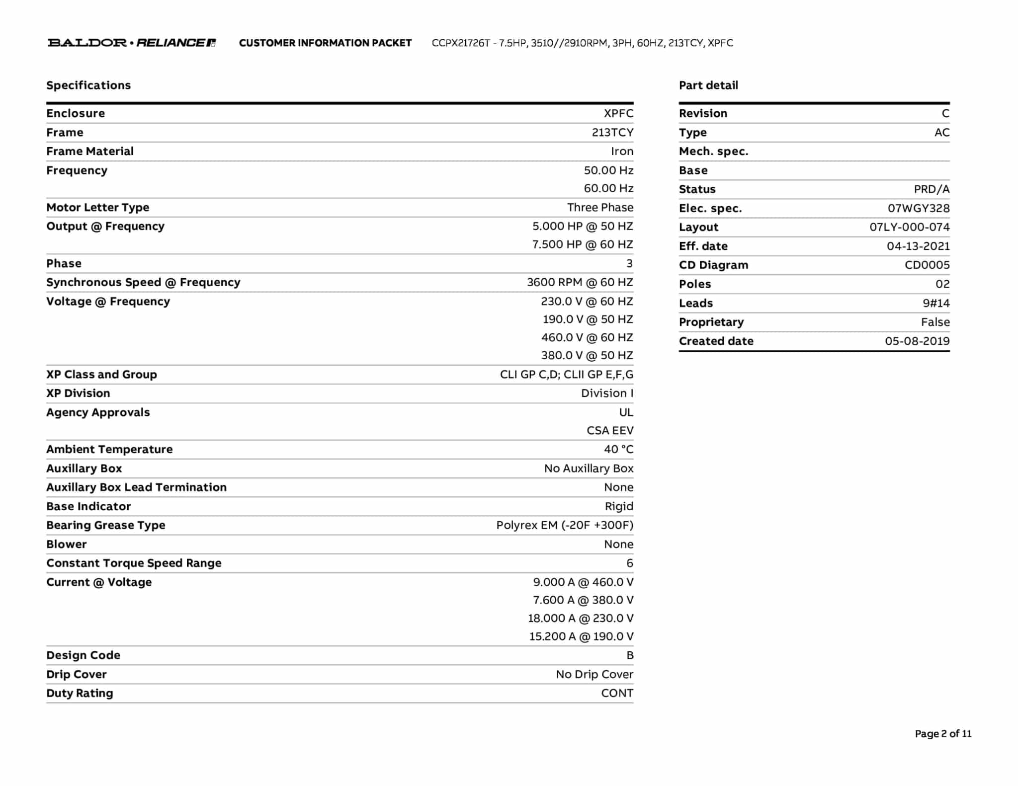 Baldor 7.5 HP, 3510//2910 RPM, 3 Phase, 60 Hz, 213TCY, XPFC - CCPX21726T - Image 5