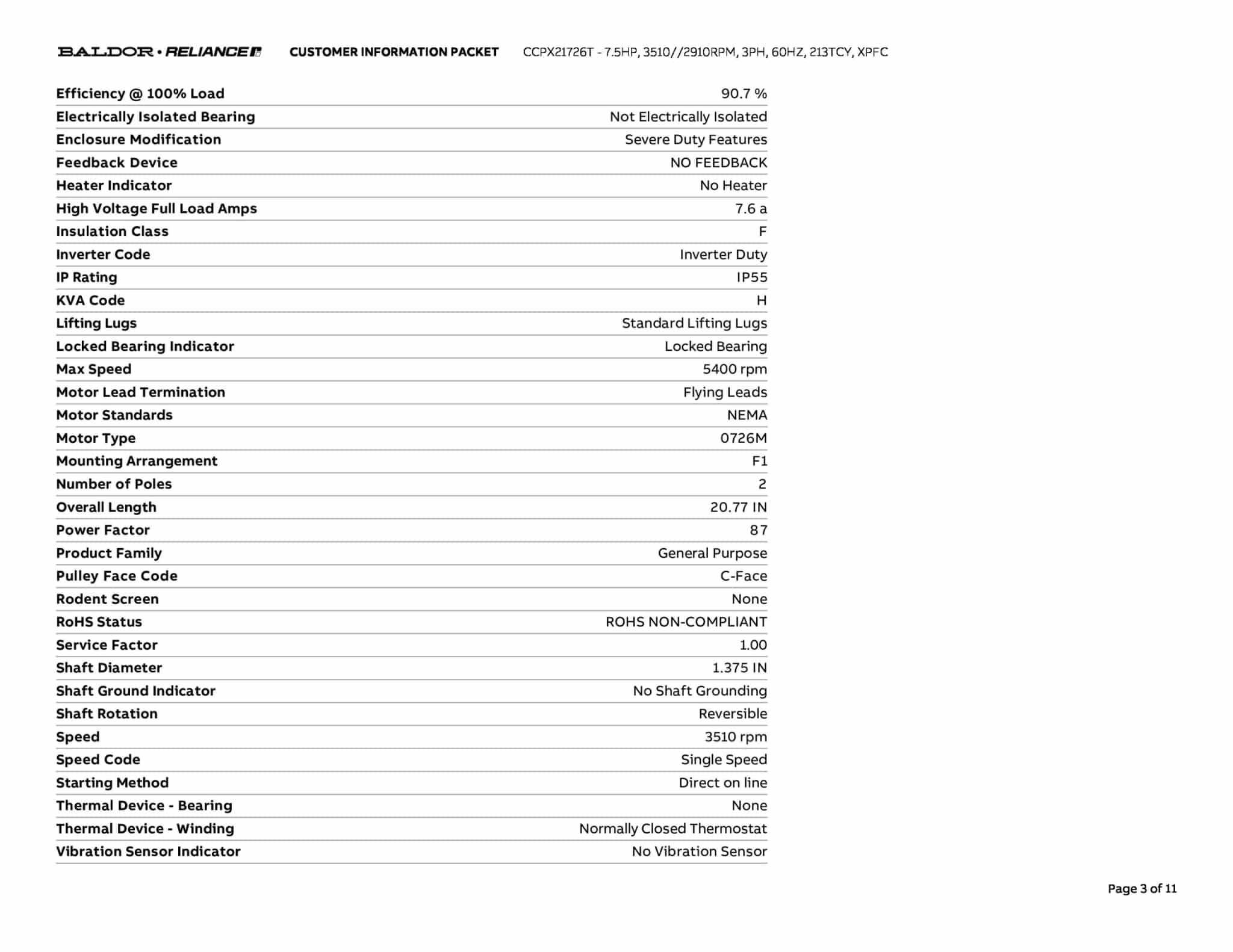 Baldor 7.5 HP, 3510//2910 RPM, 3 Phase, 60 Hz, 213TCY, XPFC - CCPX21726T - Image 6