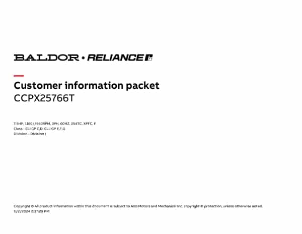 Baldor 7.5 HP, 1180//980 RPM, 3 Phase, 60 Hz, 254TC, XPFC, F - CCPX25766T - Image 4