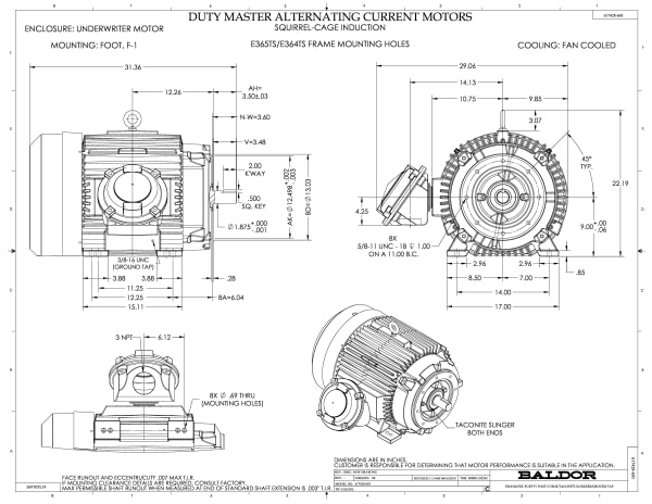 Baldor 75 HP, 3555 RPM, 3 Phase, 60 Hz, 365TSC, TEFC, F1 - CCPX36726T - Image 2