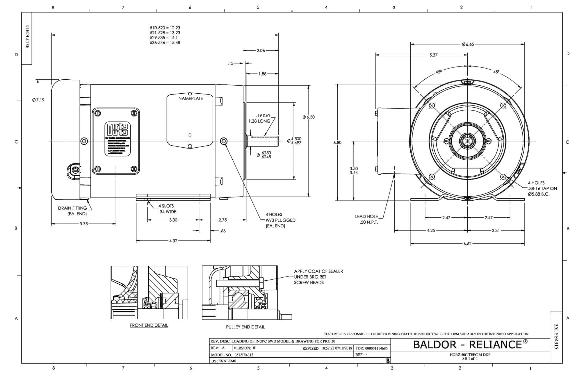 Baldor .75 HP, 1160 RPM, 3 Phase, 60 Hz, 56C, 3518M, TEFC, F1 - CDM3543 - Image 2