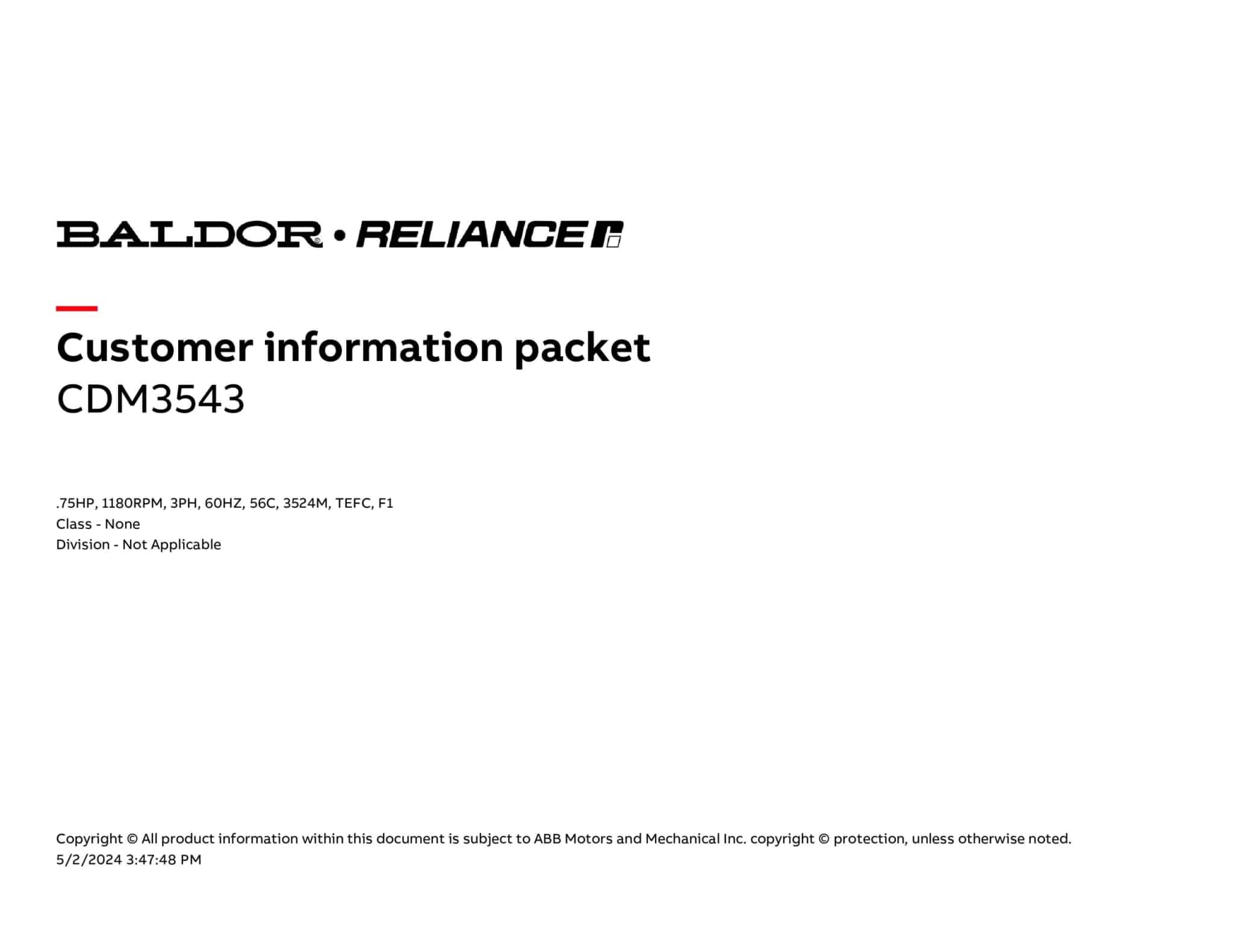 Baldor .75 HP, 1160 RPM, 3 Phase, 60 Hz, 56C, 3518M, TEFC, F1 - CDM3543 - Image 4