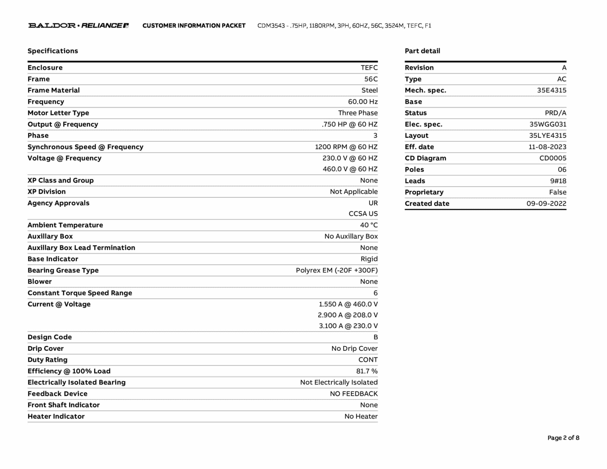 Baldor .75 HP, 1160 RPM, 3 Phase, 60 Hz, 56C, 3518M, TEFC, F1 - CDM3543 - Image 5