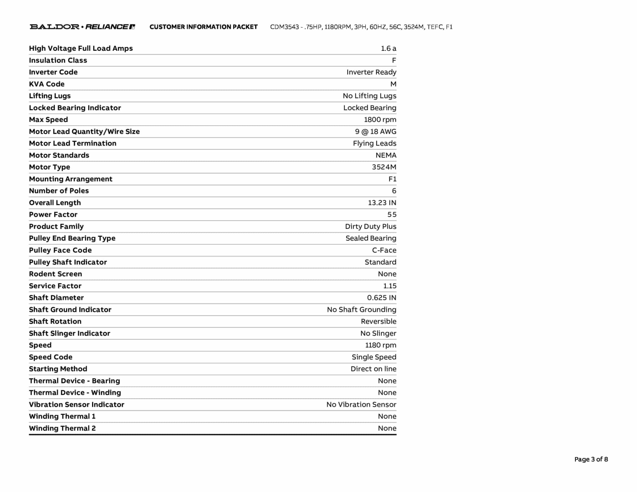 Baldor .75 HP, 1160 RPM, 3 Phase, 60 Hz, 56C, 3518M, TEFC, F1 - CDM3543 - Image 6