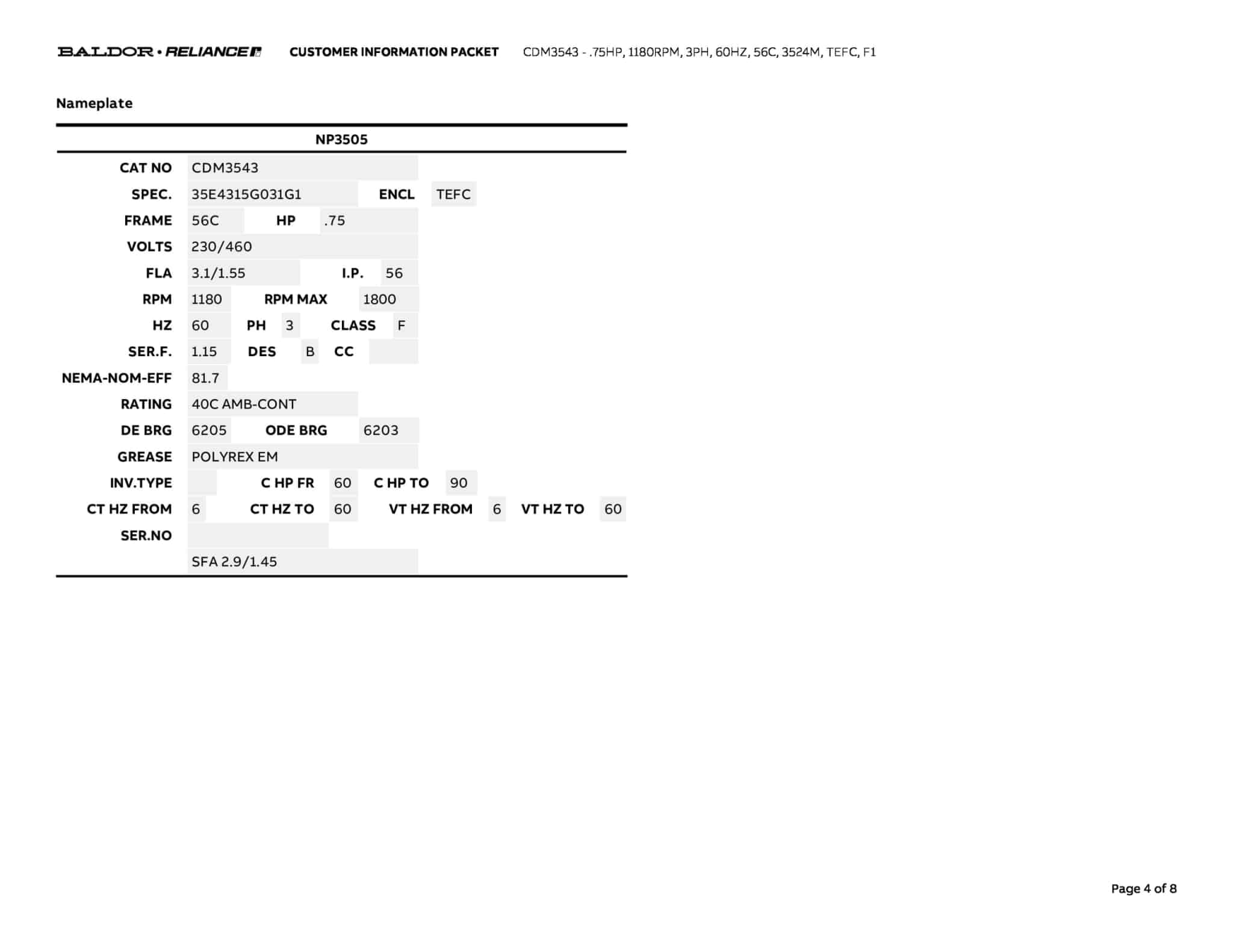 Baldor .75 HP, 1160 RPM, 3 Phase, 60 Hz, 56C, 3518M, TEFC, F1 - CDM3543 - Image 7