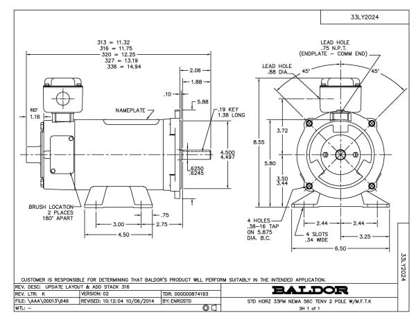 Baldor .33 HP, 1750 RPM, DC, 56C, 3327P, TENV, F1, N - CDP3320 - Image 2