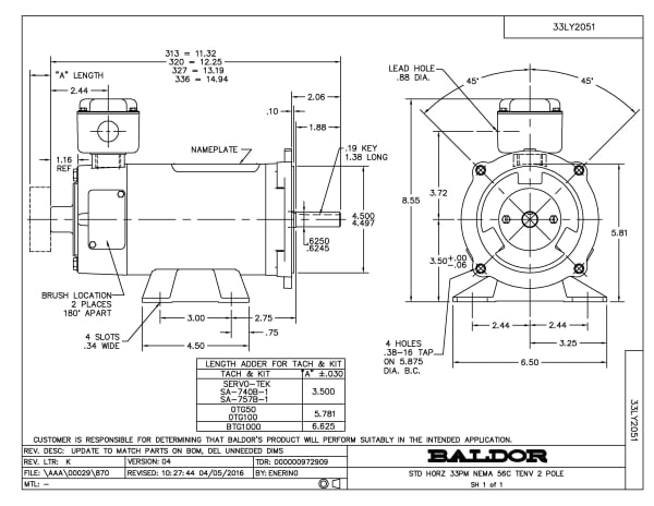 Baldor 0.5 HP,  RPM, DC, 56C, 3336P, TENV, F1, N - CDP3326 - Image 2