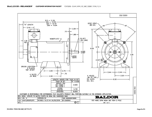 Baldor 0.5 HP,  RPM, DC, 56C, 3336P, TENV, F1, N - CDP3326 - Image 11