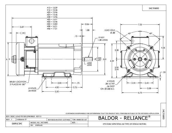 Baldor .75 HP, 1800 RPM, DC, 56C, 3424P, TEFC, F1 - CDP3440-V24 - Image 2