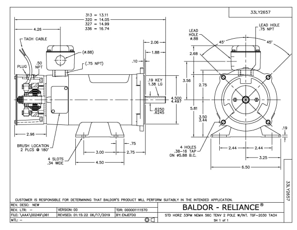 Baldor .5 HP, 1750 RPM, DC, 56C, 3336P, TENV, F1, N - CDPT3326 - Image 2