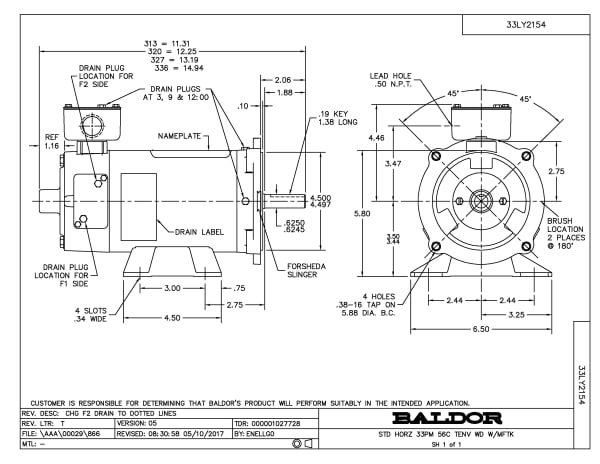Baldor .33 HP, 1750 RPM, DC, 56C, 3327P, TENV, F1 - CDPWD3316 - Image 2
