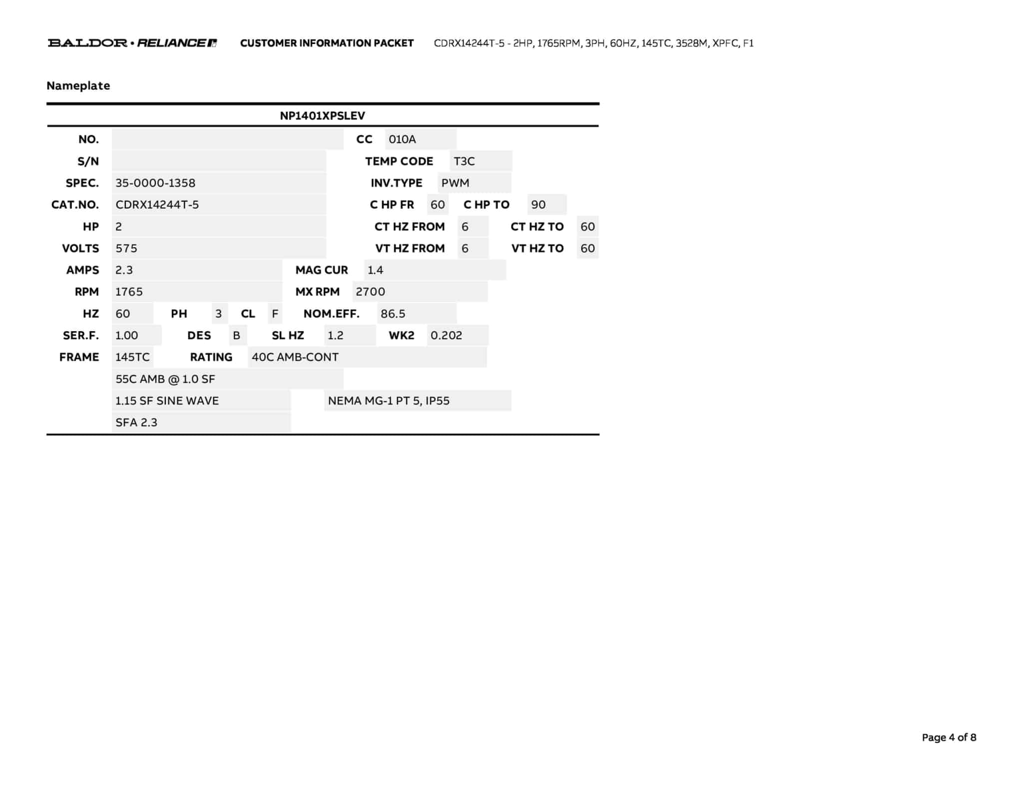 2HP,1765RPM,3PH,60HZ,145TC,3528M,XPFC,F1 - CDRX14244T-5 (575 VAC Only) - Image 7