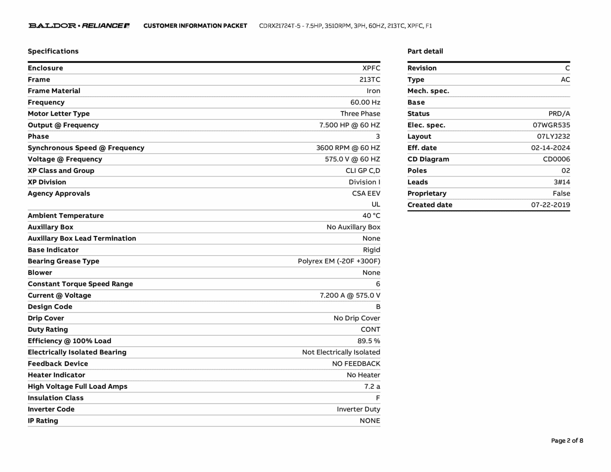 Baldor 7.5 HP, 3510 RPM, 3 Phase, 60 Hz, 213TC, XPFC, F1 - CDRX21724T-5 (575 VAC Only) - Image 5