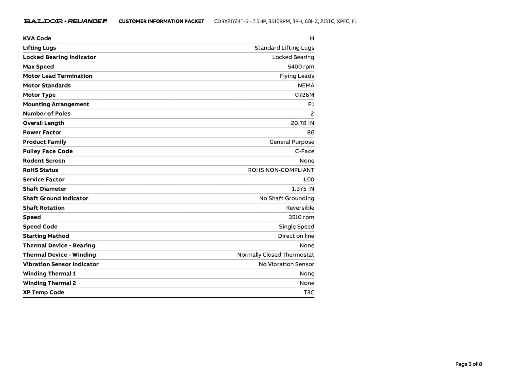 Baldor 7.5 HP, 3510 RPM, 3 Phase, 60 Hz, 213TC, XPFC, F1 - CDRX21724T-5 (575 VAC Only) - Image 6