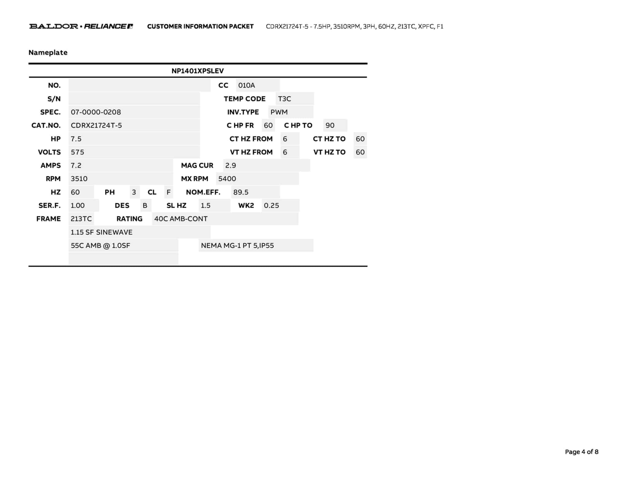 Baldor 7.5 HP, 3510 RPM, 3 Phase, 60 Hz, 213TC, XPFC, F1 - CDRX21724T-5 (575 VAC Only) - Image 7