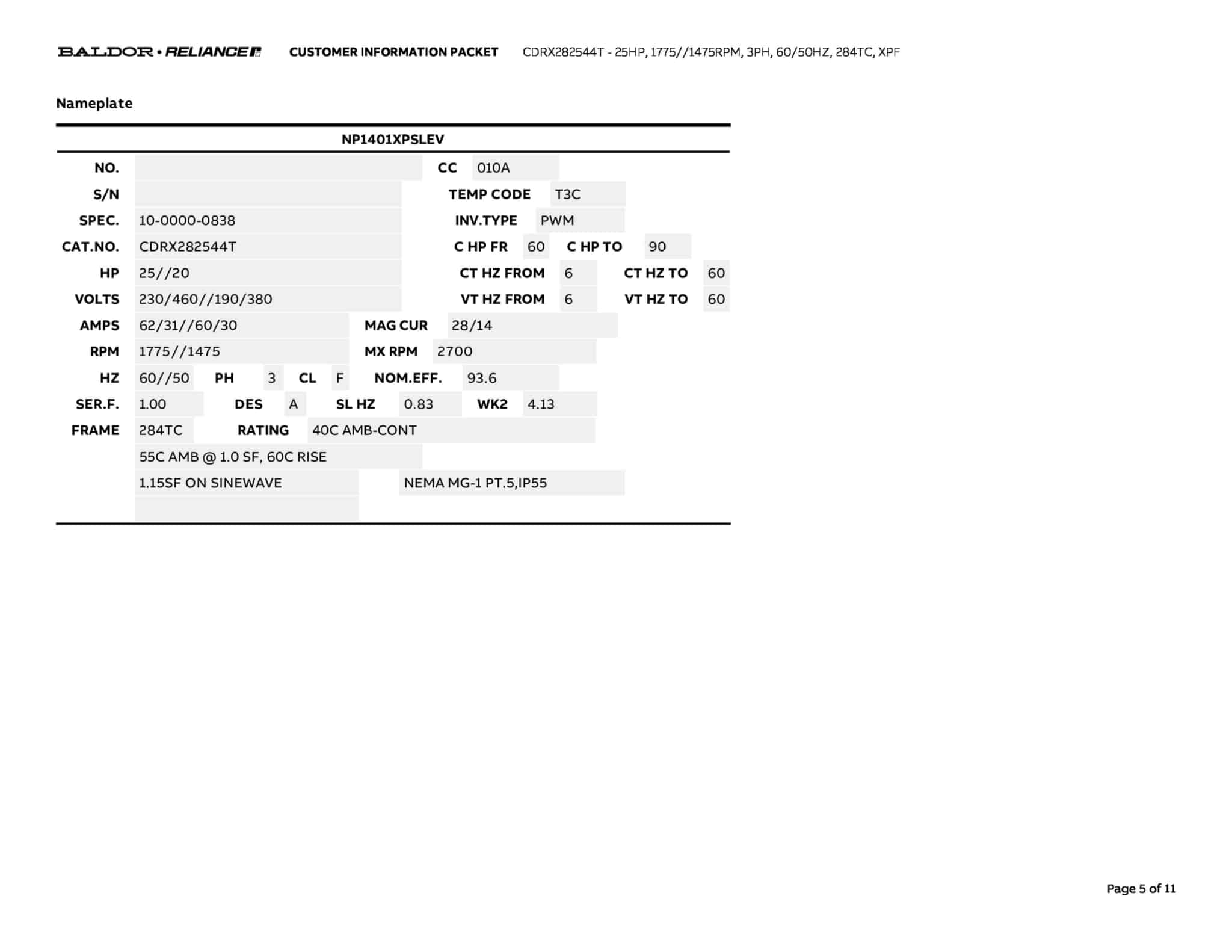 Baldor 25 HP, 1775//1475 RPM, 3 Phase, 60/50 Hz, 284TC, XPF - CDRX282544T - Image 8