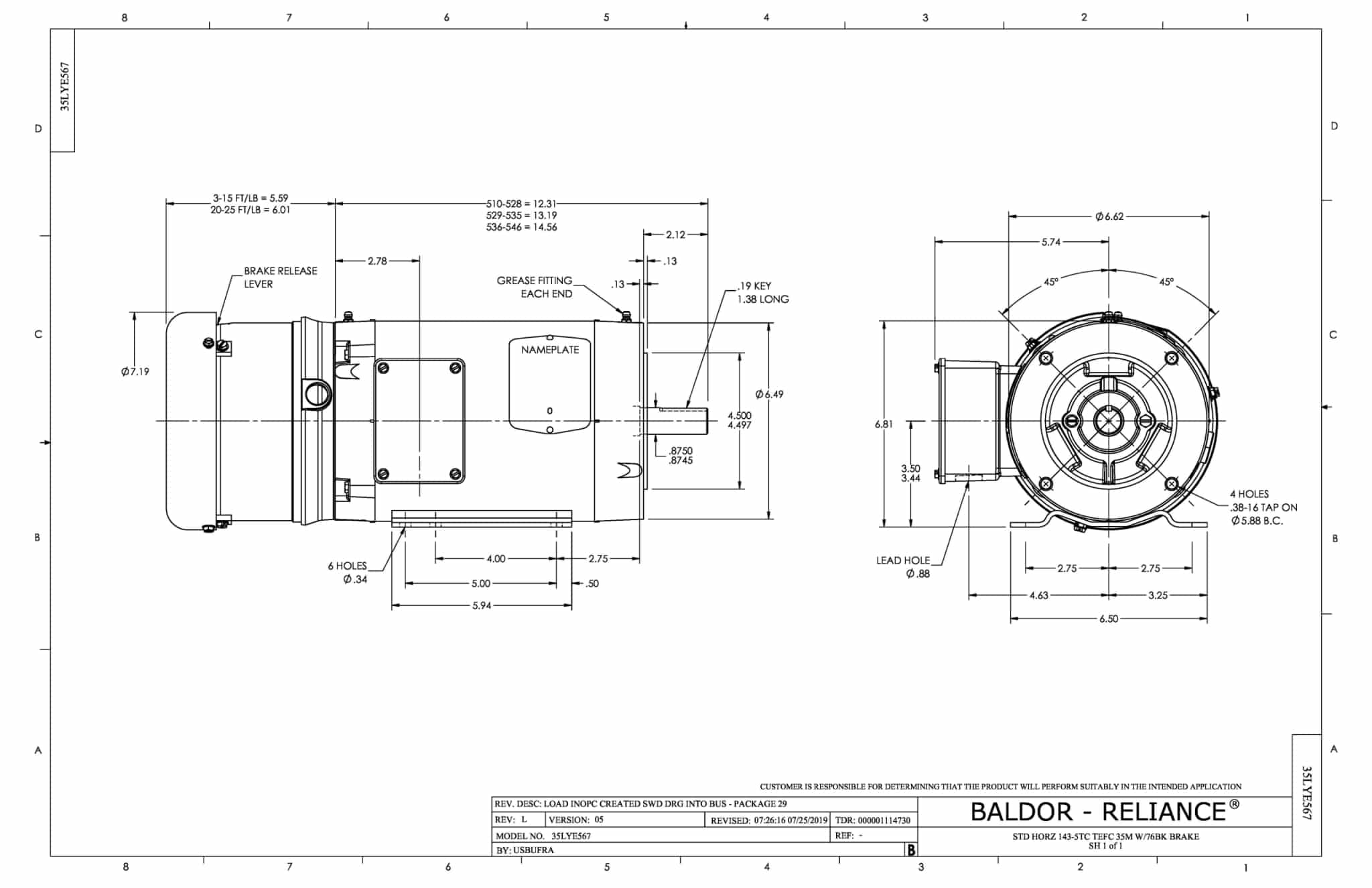 Baldor 1.5 HP, 1770 RPM, 3 Phase, 60 Hz, 145TC, 3524M, TEFC - CEBM3554T - Image 2