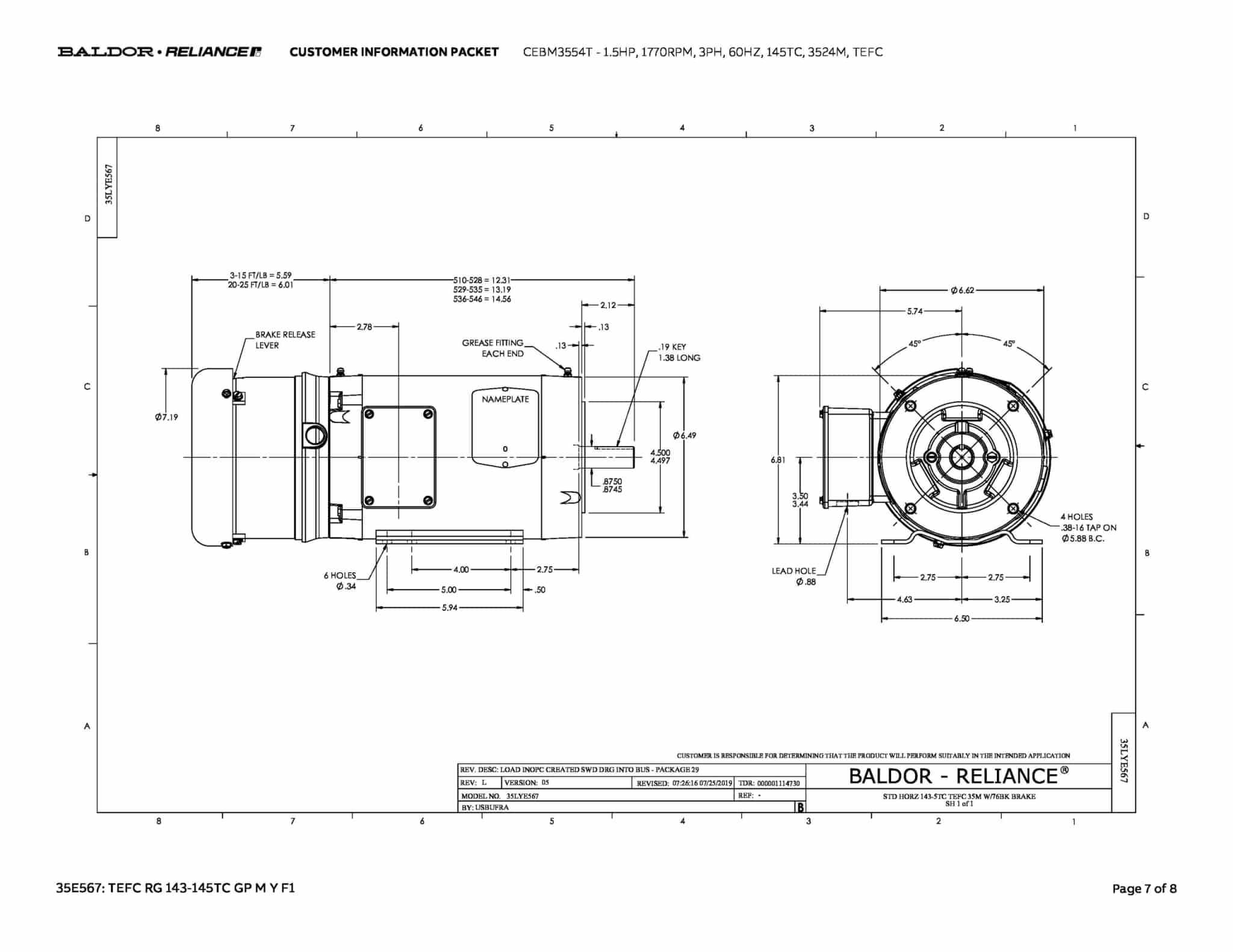 Baldor 1.5 HP, 1770 RPM, 3 Phase, 60 Hz, 145TC, 3524M, TEFC - CEBM3554T - Image 10
