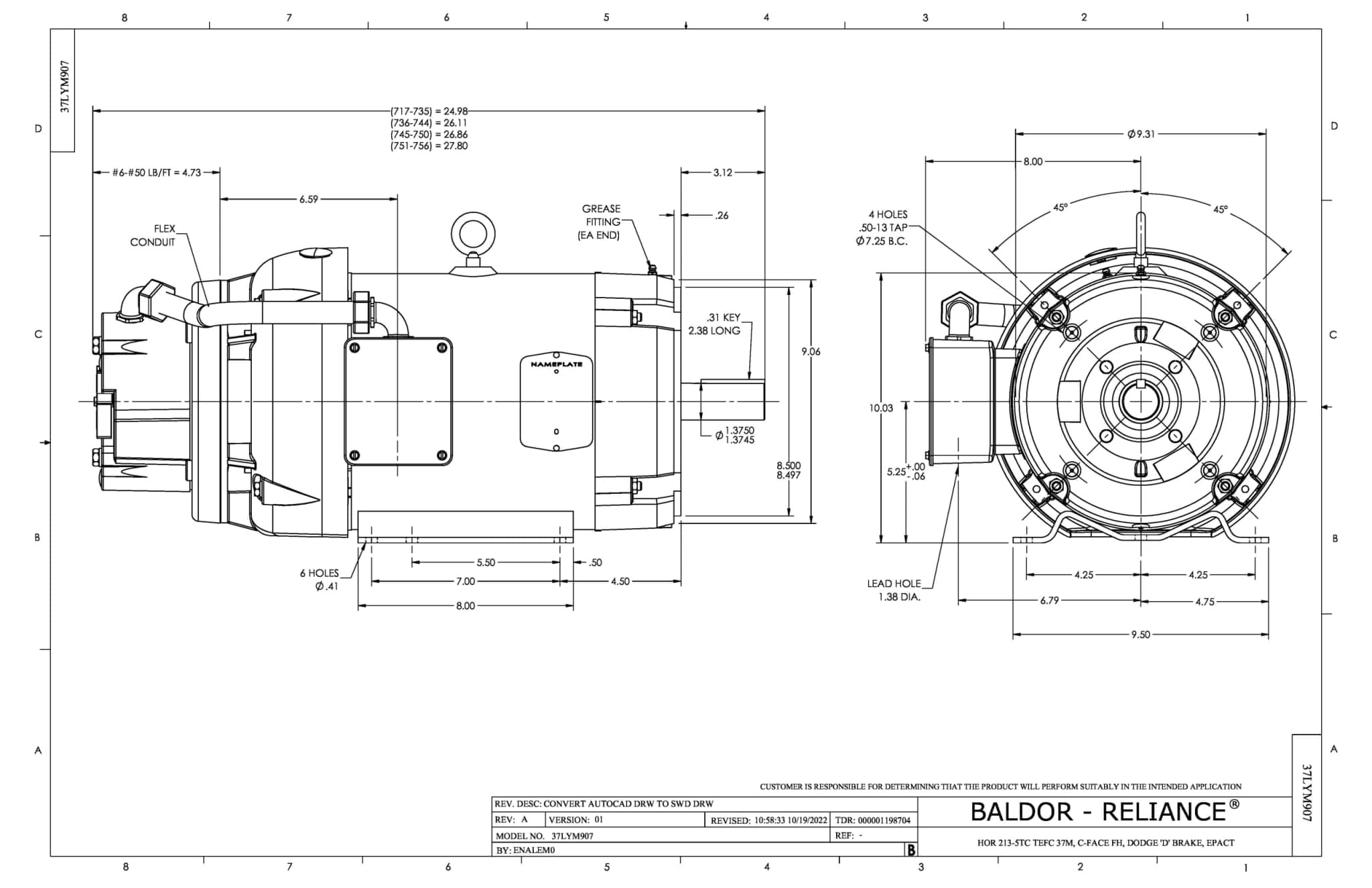 Baldor 10 HP, 1770 RPM, 3 Phase, 60 Hz, 215TC, 3752M, TEFC, F - CEBM3714T-D - Image 2