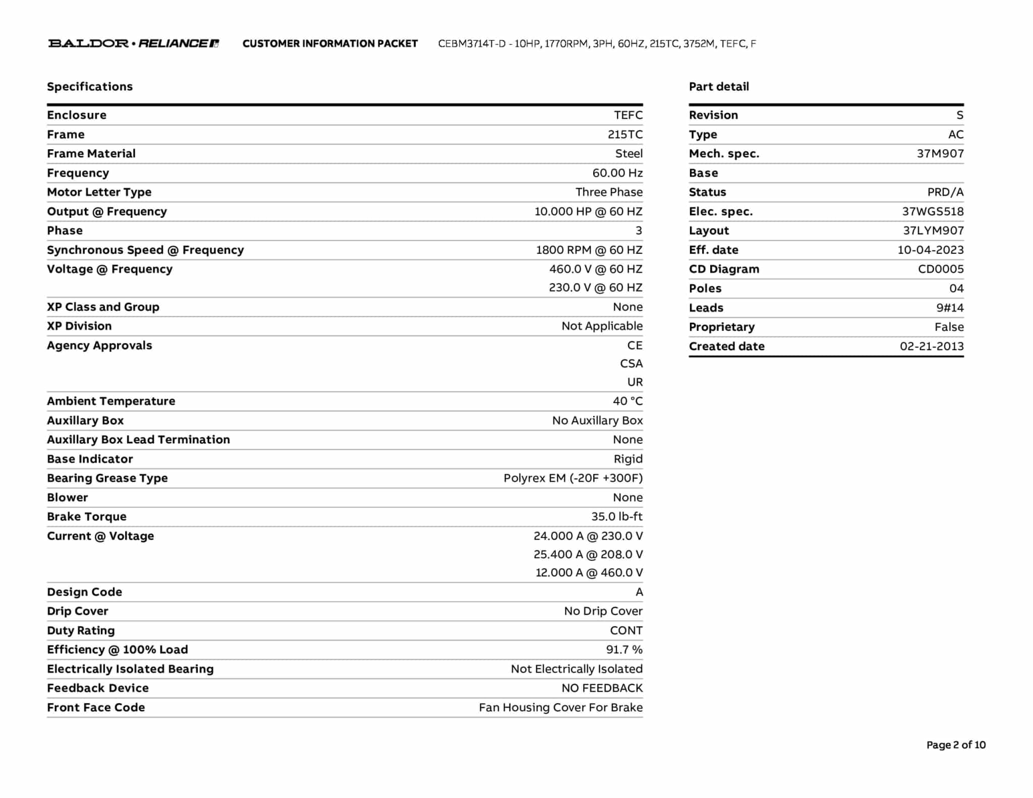 Baldor 10 HP, 1770 RPM, 3 Phase, 60 Hz, 215TC, 3752M, TEFC, F - CEBM3714T-D - Image 5