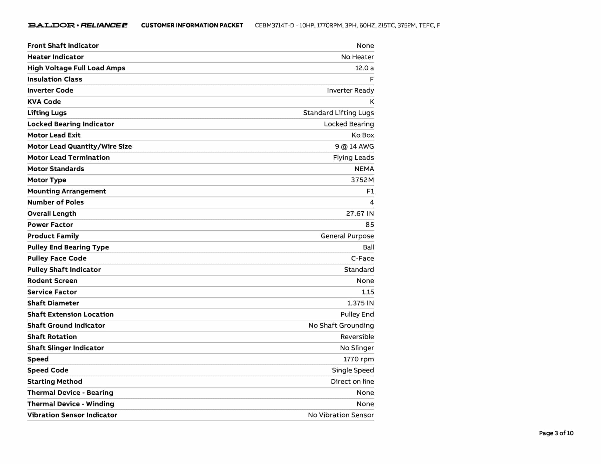 Baldor 10 HP, 1770 RPM, 3 Phase, 60 Hz, 215TC, 3752M, TEFC, F - CEBM3714T-D - Image 6