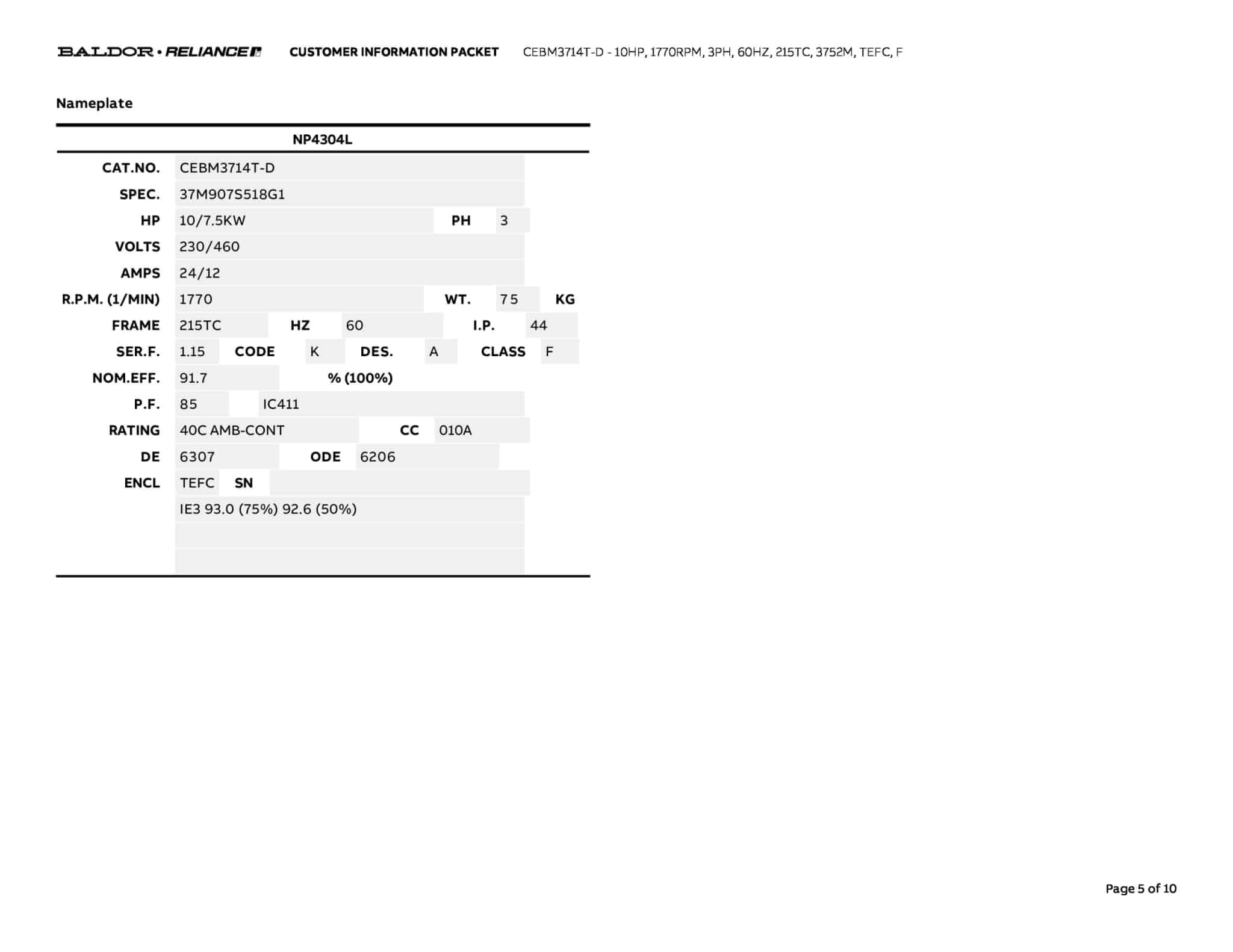 Baldor 10 HP, 1770 RPM, 3 Phase, 60 Hz, 215TC, 3752M, TEFC, F - CEBM3714T-D - Image 8