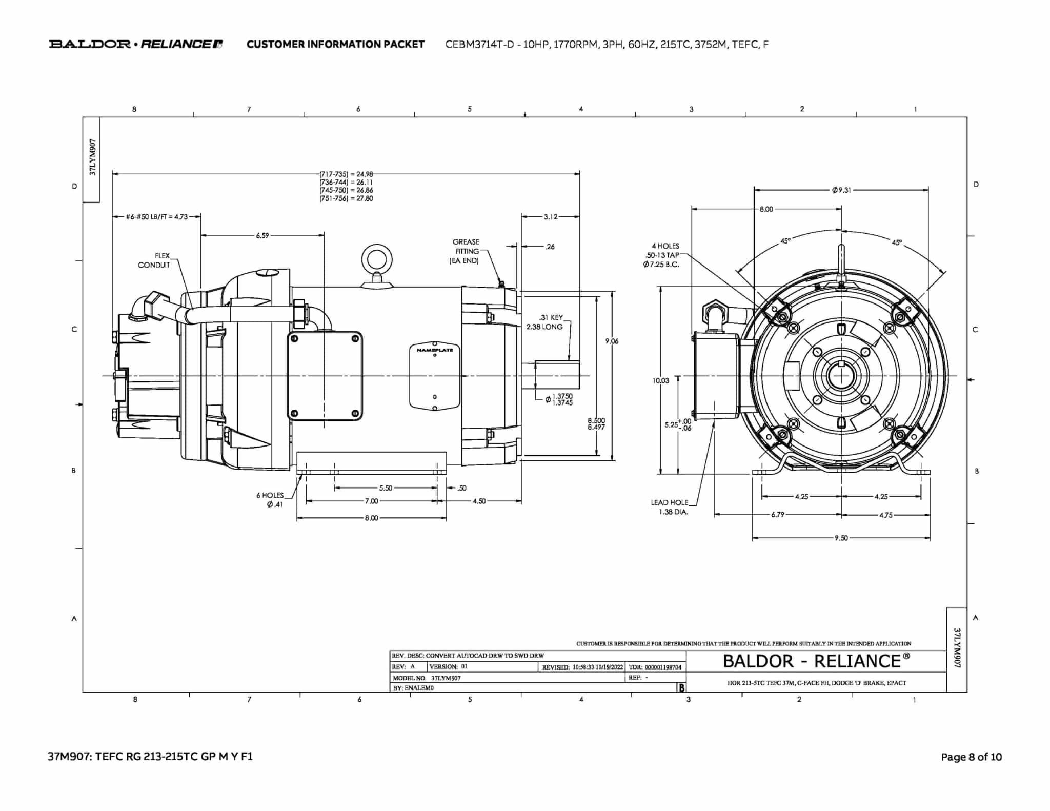 Baldor 10 HP, 1770 RPM, 3 Phase, 60 Hz, 215TC, 3752M, TEFC, F - CEBM3714T-D - Image 11