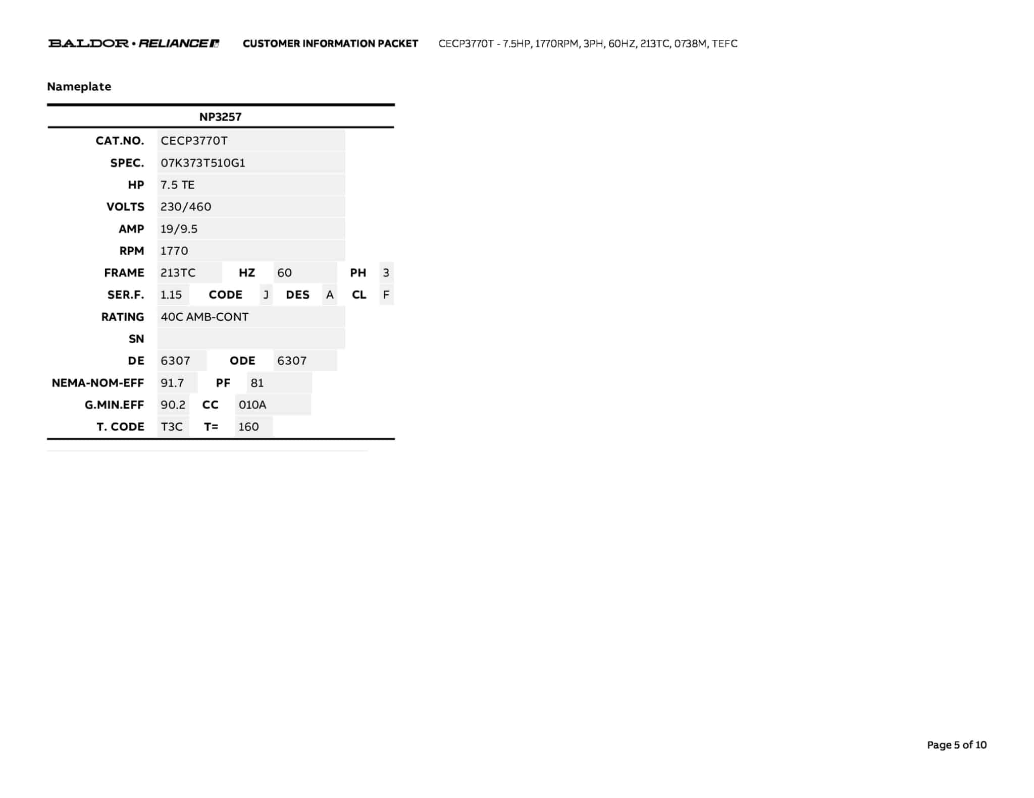 Baldor 7.5 HP, 1770 RPM, 3 Phase, 60 Hz, 213TC, 0738M, TEFC - CECP3770T - Image 8