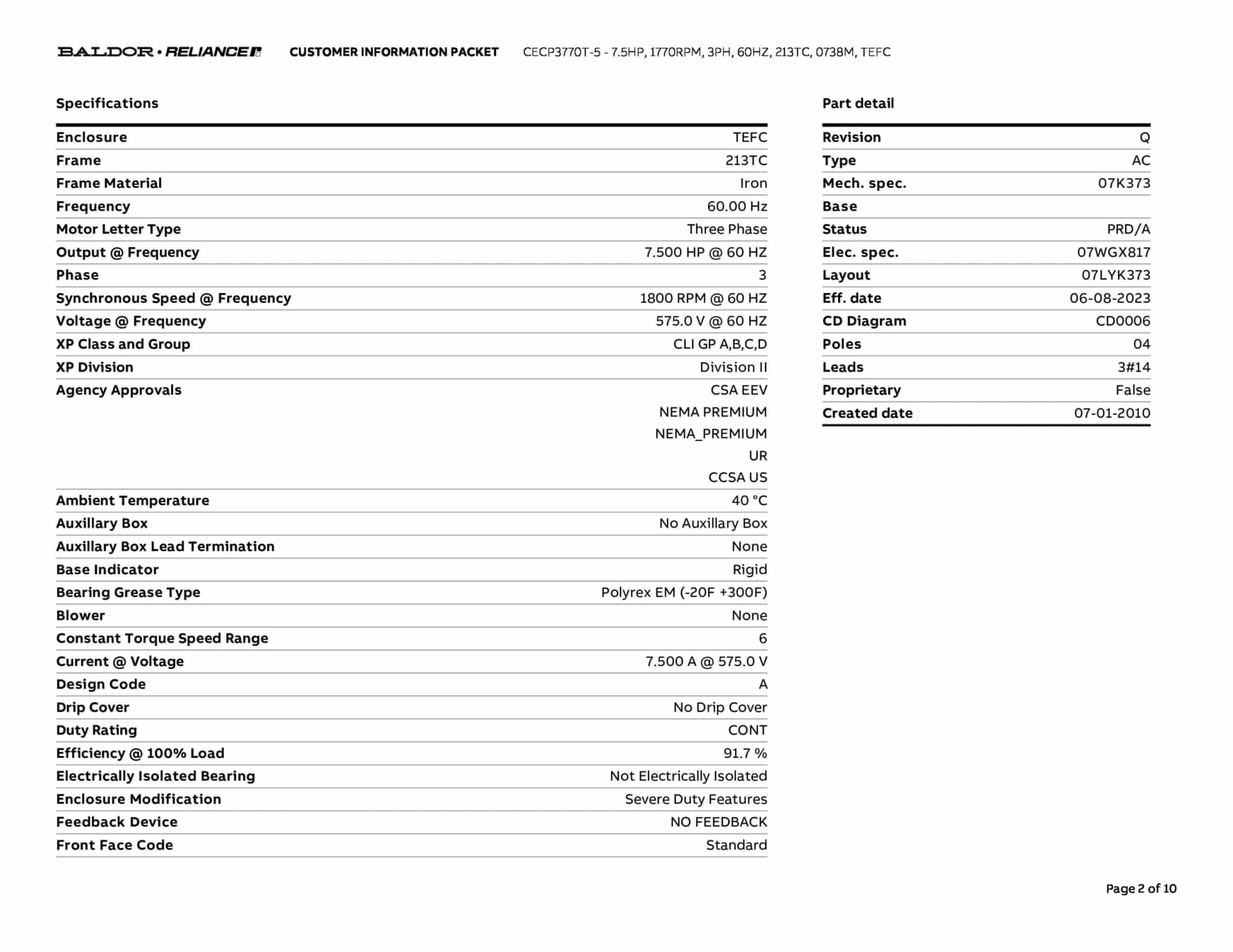 Baldor 7.5 HP, 1770 RPM, 3 Phase, 60 Hz, 213TC, 0738M, TEFC - CECP3770T-5 (575 VAC Only) - Image 5